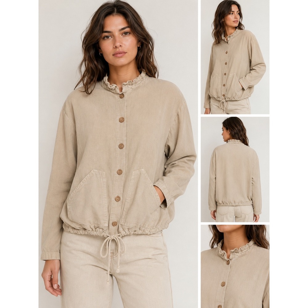 Sea Breeze of California Womens  Beige Cotton Ruffle Neck Drawstring Jacket